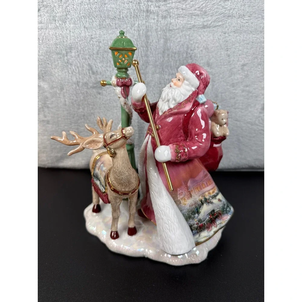 Thomas Kinkade Victorian Christmas II Illuminated Santa Reindeer Figurine 2003